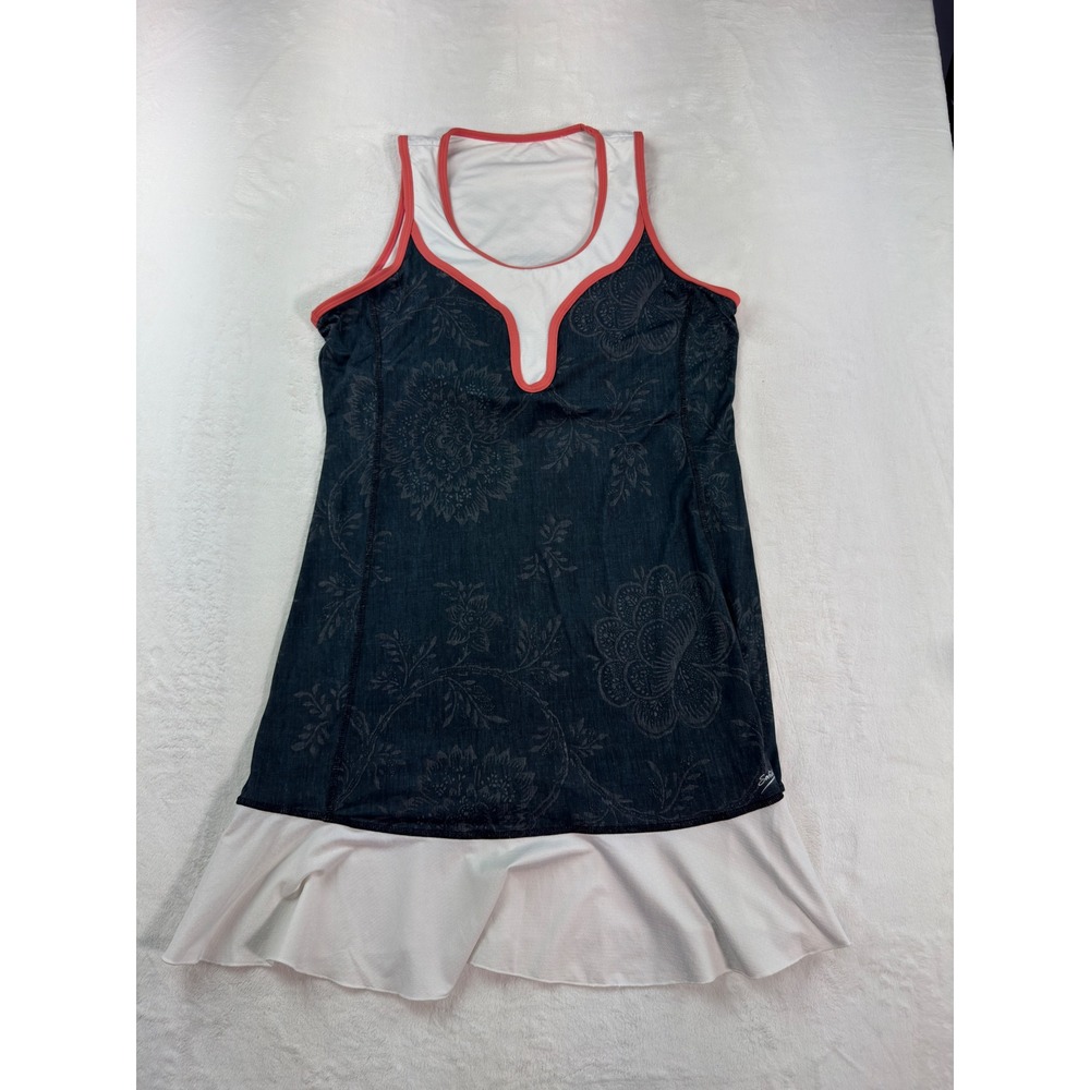 Sofibella Tennis Dress Floral Denim Print Ruffle Hem Coral Trim Athletic Dress